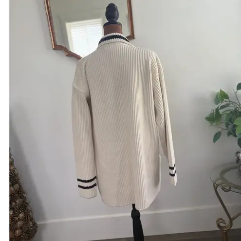 Lauren Ralph Lauren Knit Cardigan Sweater Women's M Cream Cotton Striped Cuffs Black Size M