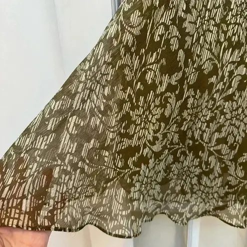 Kate Hill | 100% Silk Midi Floral Olive Green & Cream A-Line Skirt Size 14