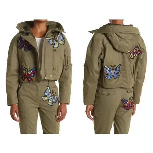 Jeremy Scott butterfly patch hooded crop jacket Size 8 Green