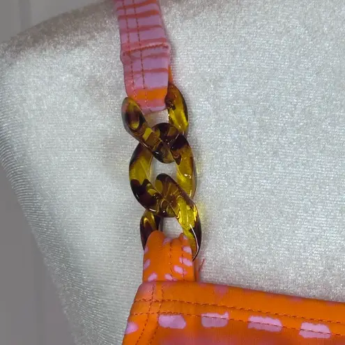 Susan Graver Swim Dress 16 Orange Pink Batik Chain Strap Skirted One Piece Beach