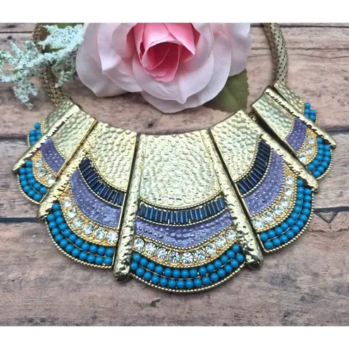 Universal Vault Gold Tone Mesh Chain Collar Necklace Hammered Beaded Crystal Bib