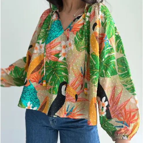 Farm Rio Blouse XS Beach Palm Floral Toucan Tropical Peasant Balloon Sleeve