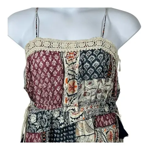 Earthbound Boho Flare Patchwork Mini Sundress Size Large Festival Cottagecore Tan