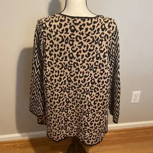 kim rogers  Animal Print Cotton Open Front Cardigan Sweater Tan Black 1X Plus