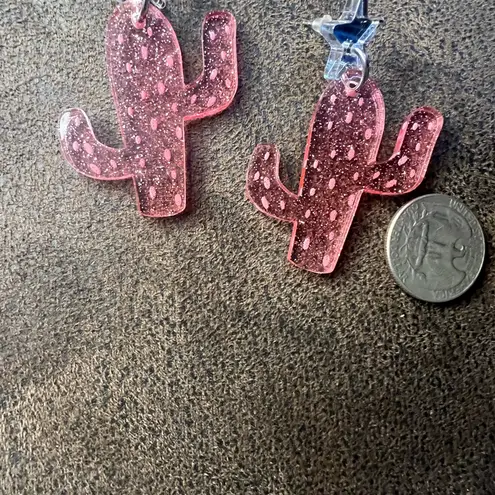 Pink & Silver Cactus Earrings Acrylic Lightweight Boho Handmade Jewelry