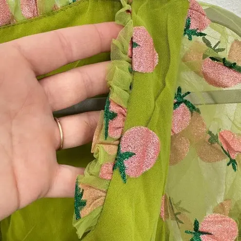 Unique Vintage Smak Parlour Avocado & Pink Strawberry Print Woodstock Flare Dress Pinup Size M