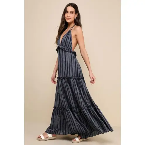 Lulus NWT  Women's Medium Halter Maxi Dress Small‎ Blue Striped Summer Casual