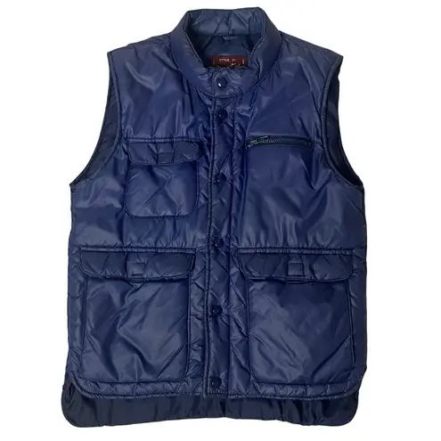 VINTAGE Vest 70s Style By Martini Navy Blue Snap Front Pockets Size Small