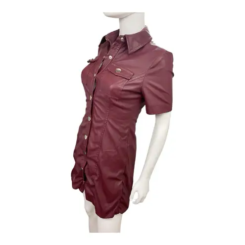 TOCCIN Burgundy Faux Leather Short Sleeve Dress Snap Front Mini Vegan Sz 2 Red