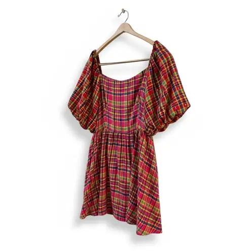 Chic Plaid Puff Sleeve Square Neck Mini Dress Women's Size M Pink Size M