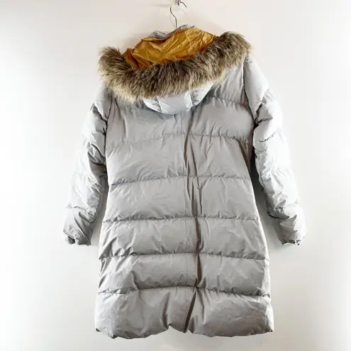 prAna Kromata Down Puffer Coat Jacket with Faux Fur Trim Hood Gray Silver Small