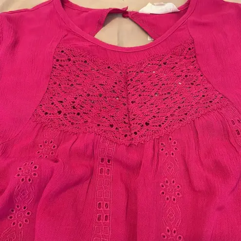 NWT Adiva bright pink LS mini dress or tunic keyhole flowy flouncy ruffles lace Pink