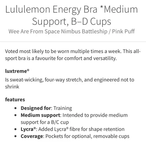 Lululemon  Energy Bra in Wee Are From Space Nimbus Battleship/Pink Puff Size 4