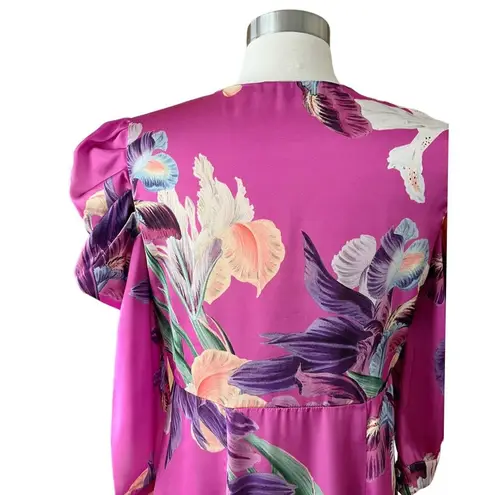 PATBO Grace Floral Dress Satin Puff Sleeve Midi Button Down Influencer US 6 Pink