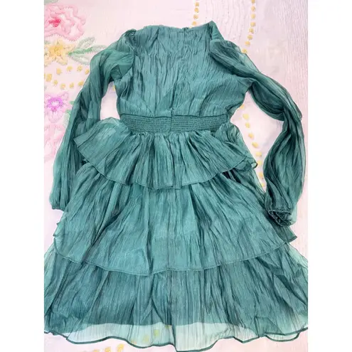 Rachel Parcell Emerald Green Tiered Ruffle Mini Dress Long Sleeve Party 0