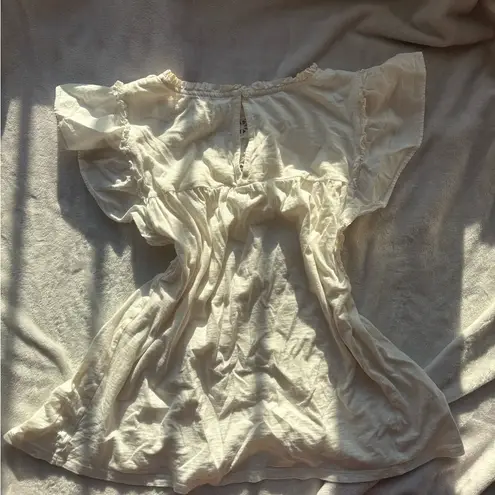 Loft Cream and White Lace Crochet Neck Ruffle Flutter Sleeve Top