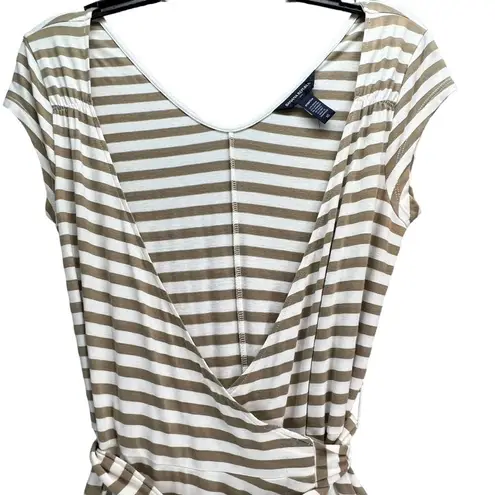 Banana Republic  Dress Womens XS Tan White Stripe Wrap V Neck Tie Waist Stretch