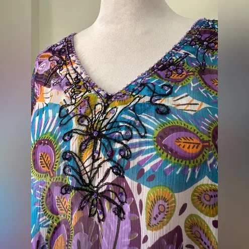 Zury Sheer Multicolored Peacock Print Sequined V