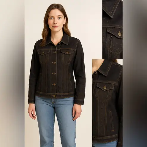 Laura Ashley brown beaded embroidered button up jean jacket, size M