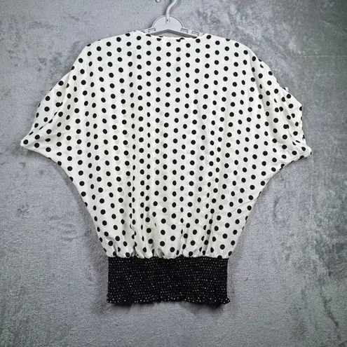 Retro Betty Blouse Polka Dot V Neck Dolman Sleeve Smocked Waist Pinup Rockabilly White Size M