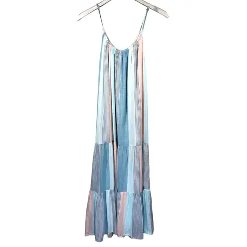 Rails Adora Highland Stripe Tiered Linen Blend Midi Dress in Multi Blue