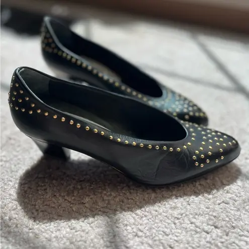 Vintage Italian Black Leather Studded Heels | 80s Minimal Chic Size 5.5 EU 35.5