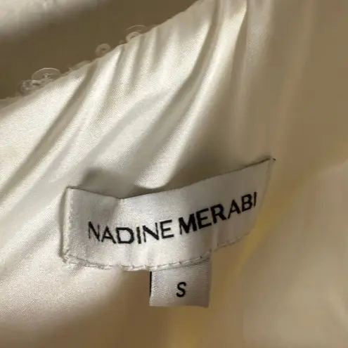 Nadine Merabi Evie White Sequined Feather Hem Sleeveless Asymmetric Mini Dress S