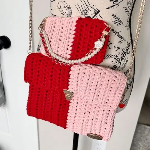 Handmade Red and Pink Crochet Bag Set