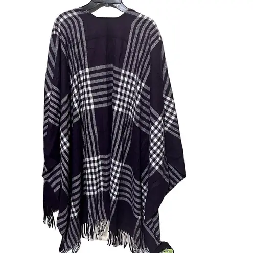 V. Fraas  Womens Poncho Sweater One Size Purple Plaid Fringe Ruana Wrap