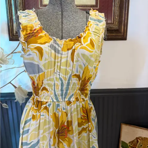 Patrons of Peace Smocked Waist Yelloe Floral Midi Length Dress ~ Size XS 💚🍄