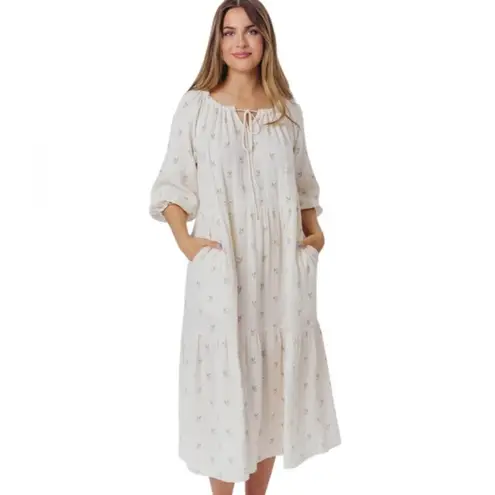 Worth Collective Avery Tiered Cotton Midi Dress in Soy/Sage Foliage Size M Green