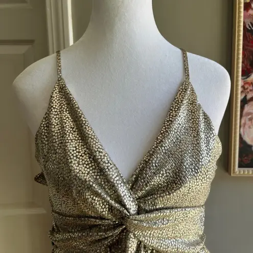 Skies Are Blue Babydoll Gold Shimmery Sleeveless Top V Neck Twist Front XS Party New Years Date
