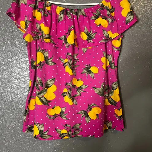 Women’s Lemon Print Off Shoulder Ruffle Peasant Top Pink Polka Dot XL