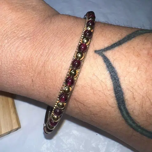 Vintage Boho Garnet and Gold Tone Bead Bangle Bracelet