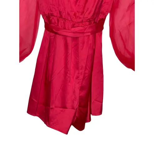 Fanco Women Romper Sheer V Neck Lace Long Sleeve Tie Waist Red Sz. Medium NWT