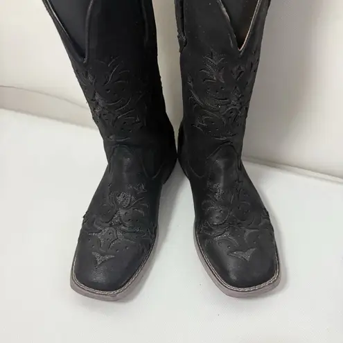 Roper Kennedy Boots Womens Size 6.5 Black Glitter Tooled Inlay Square Toe Cowboy