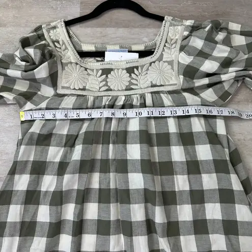 NEW Mi Golondrina Mexico Marta Dress Long Sleeves Women’s XS Cream Green Plaid