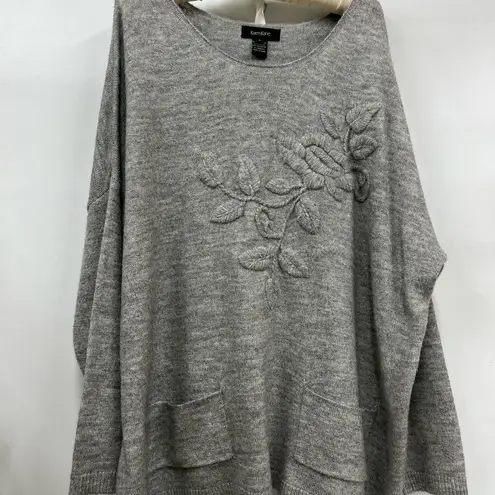 Karen Kane L Oversized Embroidered Sweater Gray front pockets Lagenlook