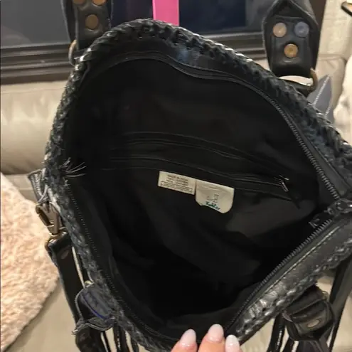 None Black and White Fringe Leather Tote