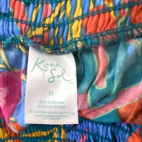 Kona Sol Leaf Print Multicolor Smocked Waist Side Slit Flowy Beach Pants Boho M