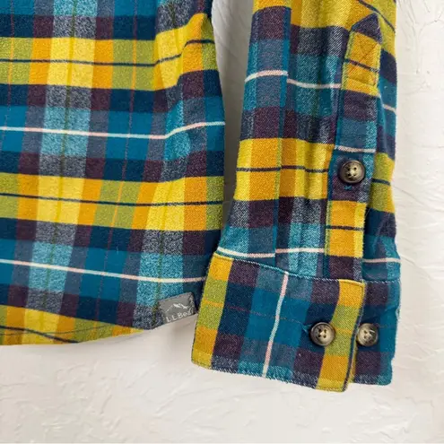 LL Bean Yellow Blue Plaid Button Down Shirt Womens L Casual Classic Flannel Fall Size L