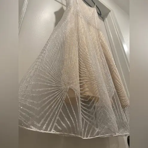 Beige Cream & Silver Glittery Art Deco Patterned Overlay Sleeveless Dress