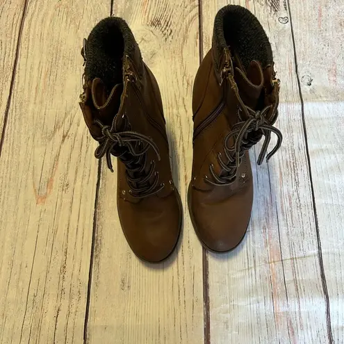 Call it spring  Lace Up Brown Chunky Heel Ankle Booties w Charcoal Trim - size 9