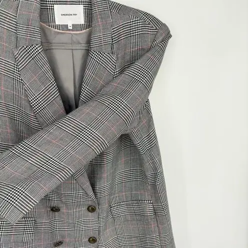 Emerson Fry Lee Blazer Jacket Houndstooth Plaid Linen Size 14 Black White