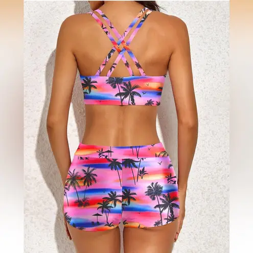 Tempt me 3 Piece Athletic Tank Top Bathing Suits Boy Shorts and Sports Bra Pink Size XL