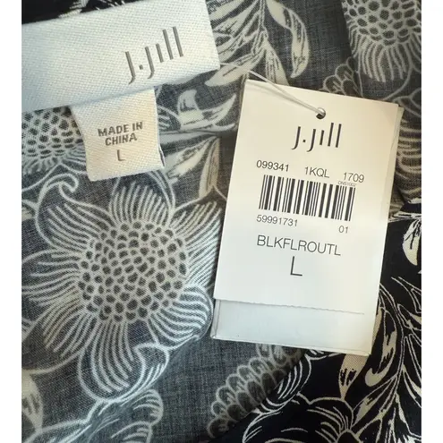J Jill NWT Sz LG Black White Tropical Floral HiLo Popover Blouse Ruffle Peasant