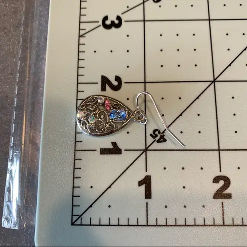 Silver Teardrop Shaped Dangly Earrings w/ Rhinestones