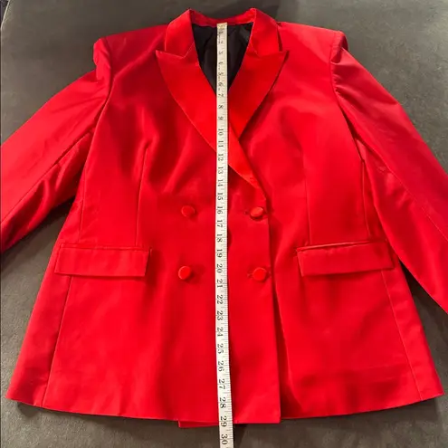 Women’s Red 2 Piece Formal Tuxedo Suit Satin Peak Lapel Dbl Breasted L **READ Size L