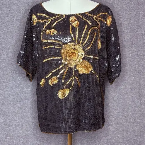 Vintage In Fashions Black Gold Sequin Beaded Silk Top Blouse Women Large