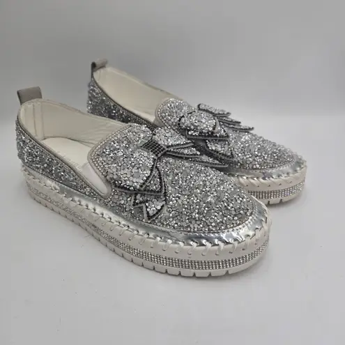 Muguan 245 Womens Glitter Bowtie Loafer Slides Silver Rhinestone Shoes US Size 8
